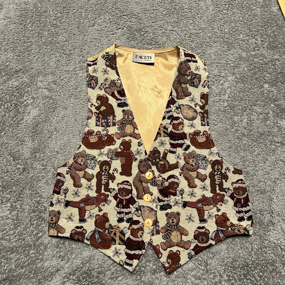 Vintage Teddy Bear Vest Medium Cottage Granny Y2K Tapestry Tie Back 90's Cosplay